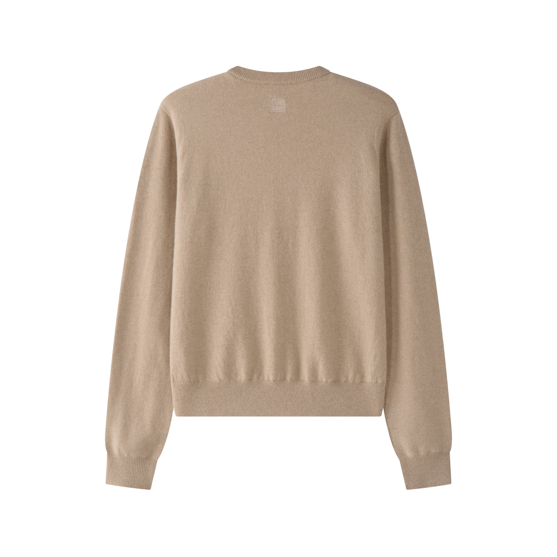 MA22 Unisex Cashmere Crewneck Sweater by Mawei, beige camel, flat lay back side. 