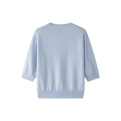 MA03 Cashmere Short Sleeve Crewneck Sweater by Mawei, blue, flat lay back side. 