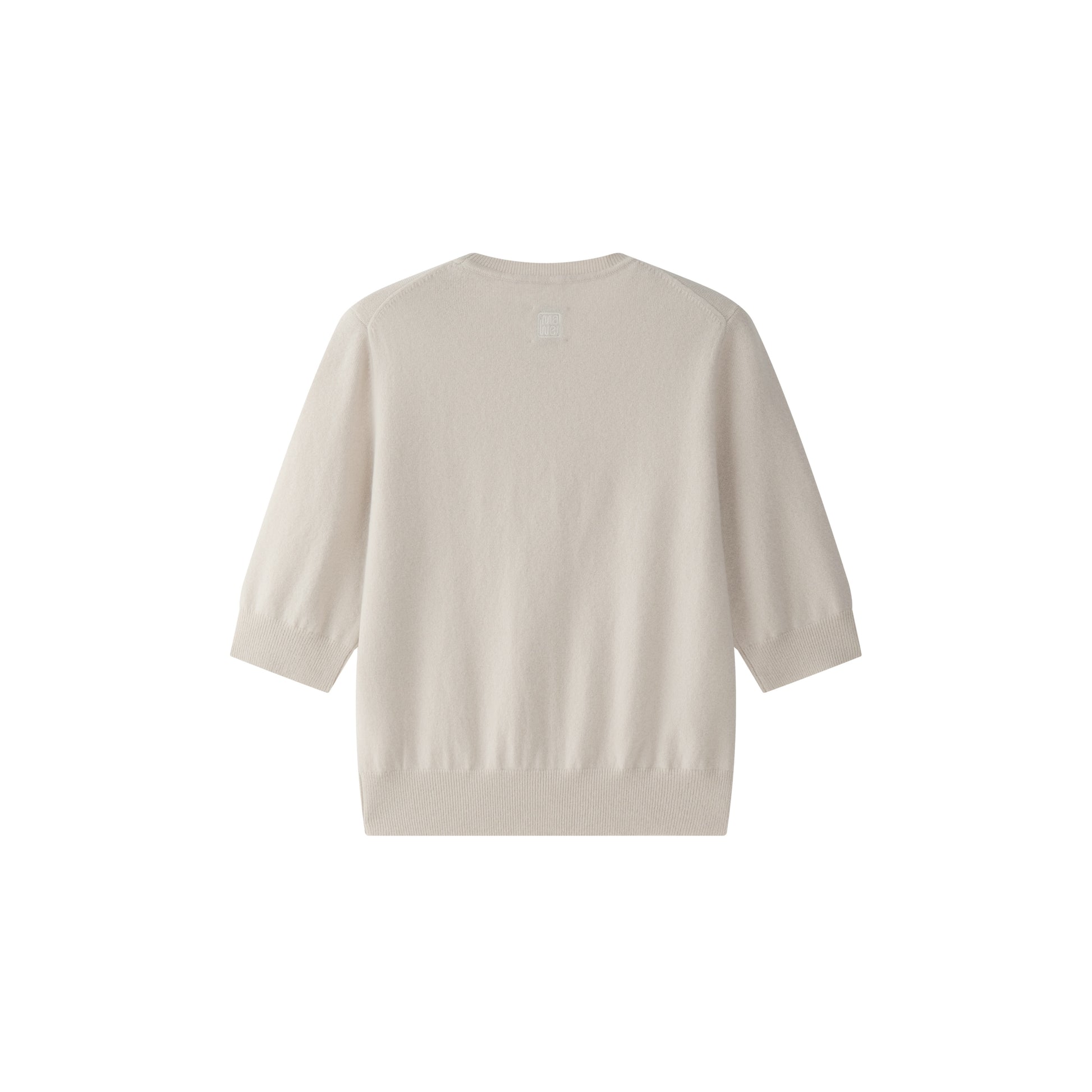 MA03 Cashmere Short Sleeve Crewneck Sweater by Mawei, off white, flat lay back side. 