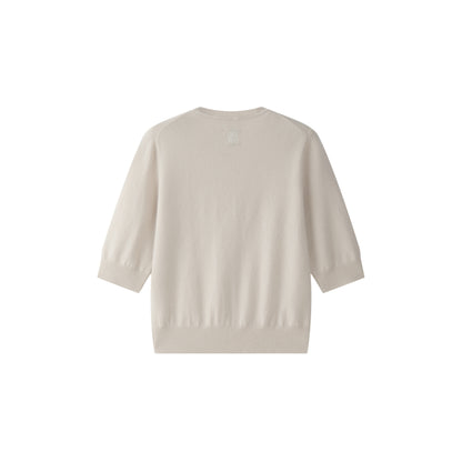 MA03 Cashmere Short Sleeve Crewneck Sweater by Mawei, off white, flat lay back side. 