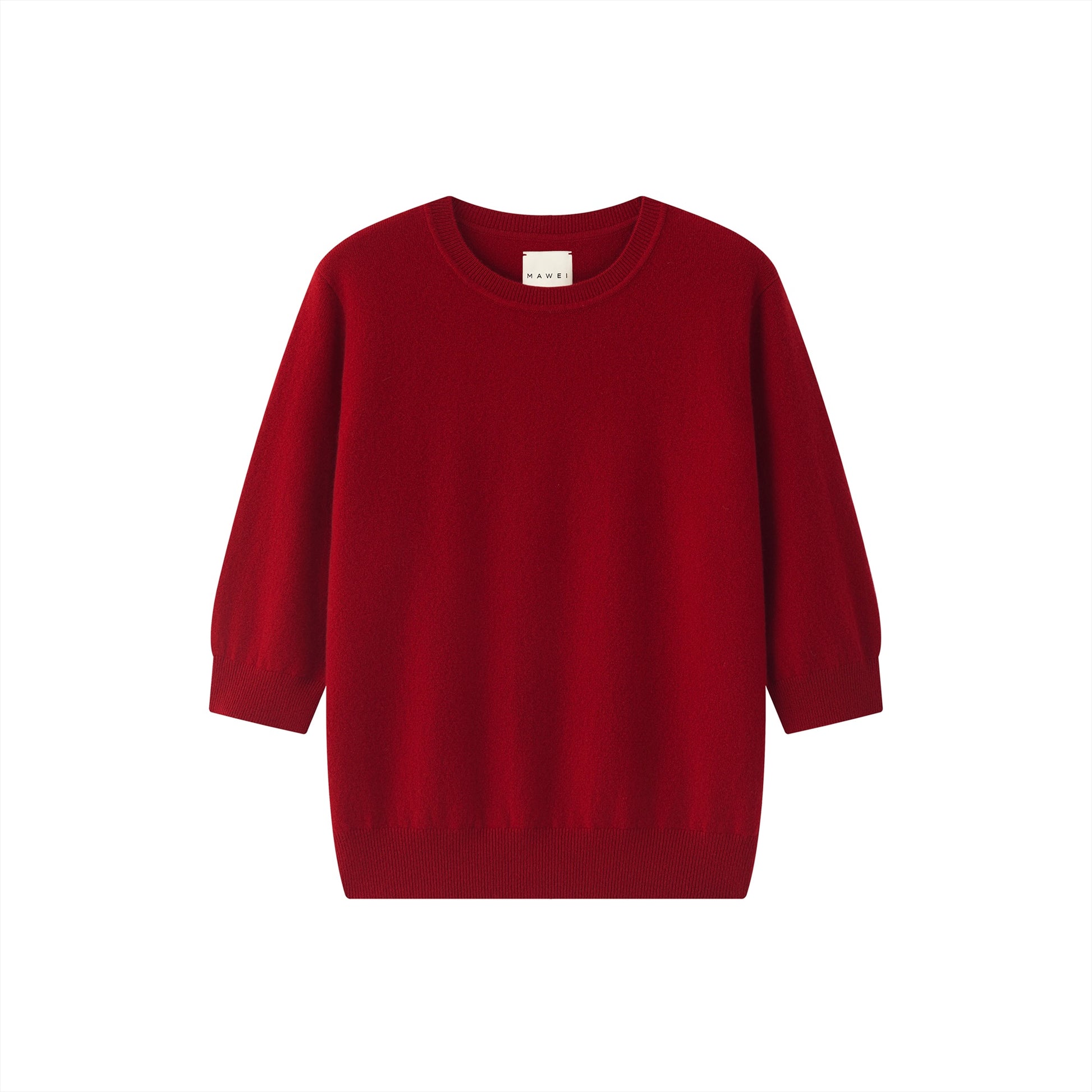 MA03 Cashmere Short Sleeve Crewneck Sweater by Mawei, red, flat lay.