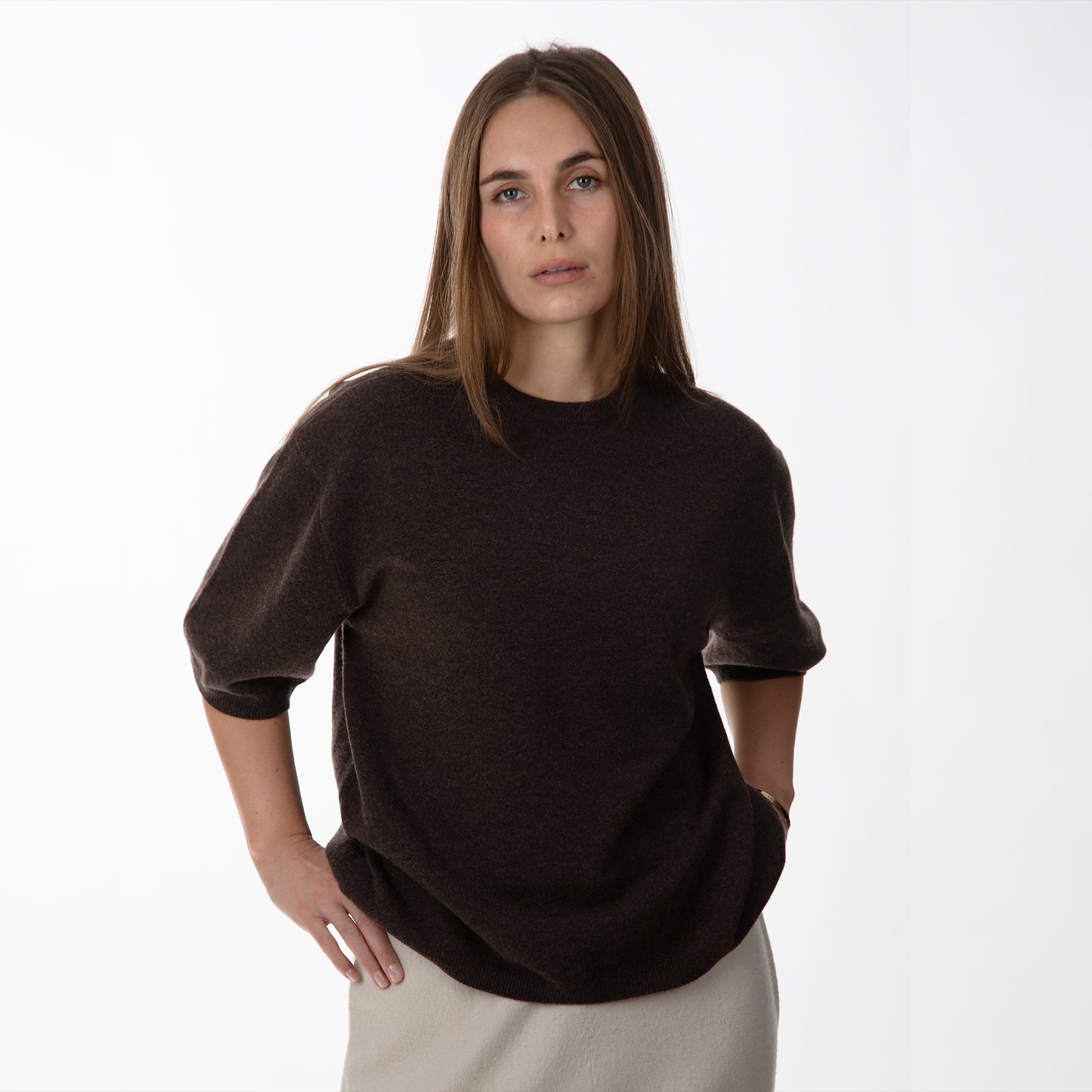 MA07 Short Sleeve Oversized Cashmere  Crewneck  Sweater by Mawei, brown,  female model, front view.