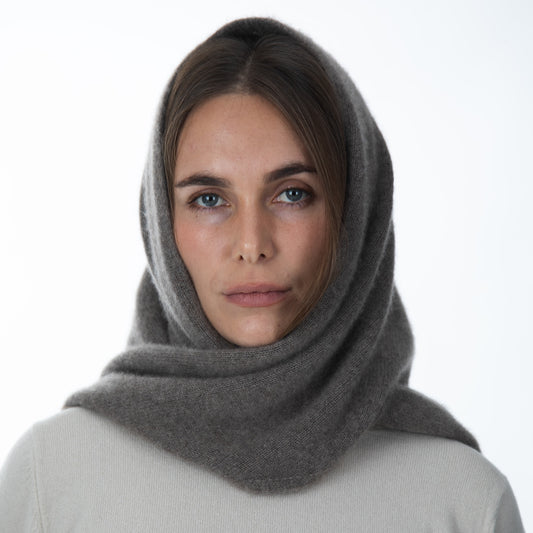 MA81 Cashmere Triangular Scarf by Mawei, grey brown, front view, female model.