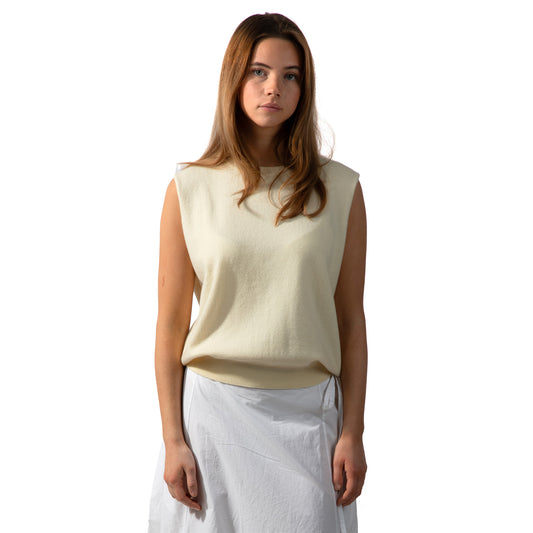 MA01 Cashmere Sleeveless Crewneck Sweater by Mawei, yellow cream, female model, front view