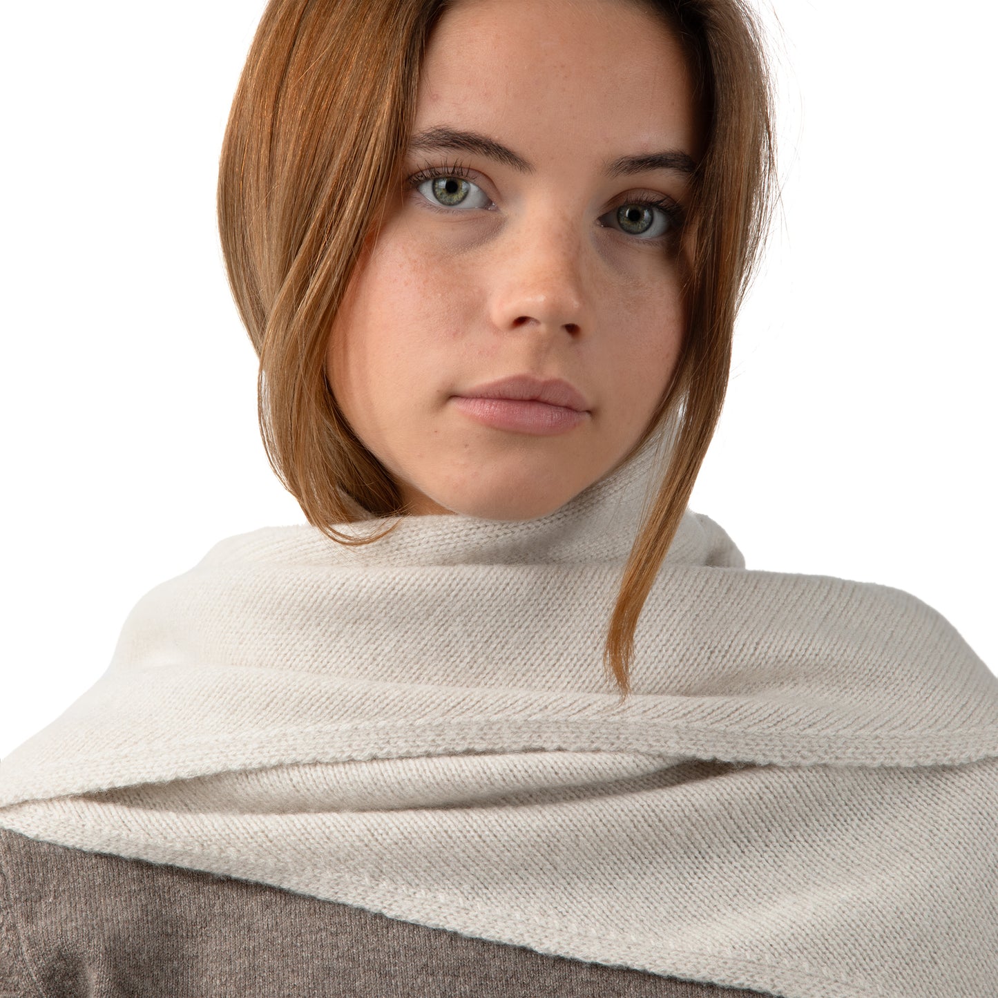 MA81 Cashmere Triangular Scarf by Mawei, off white, front view, female model.