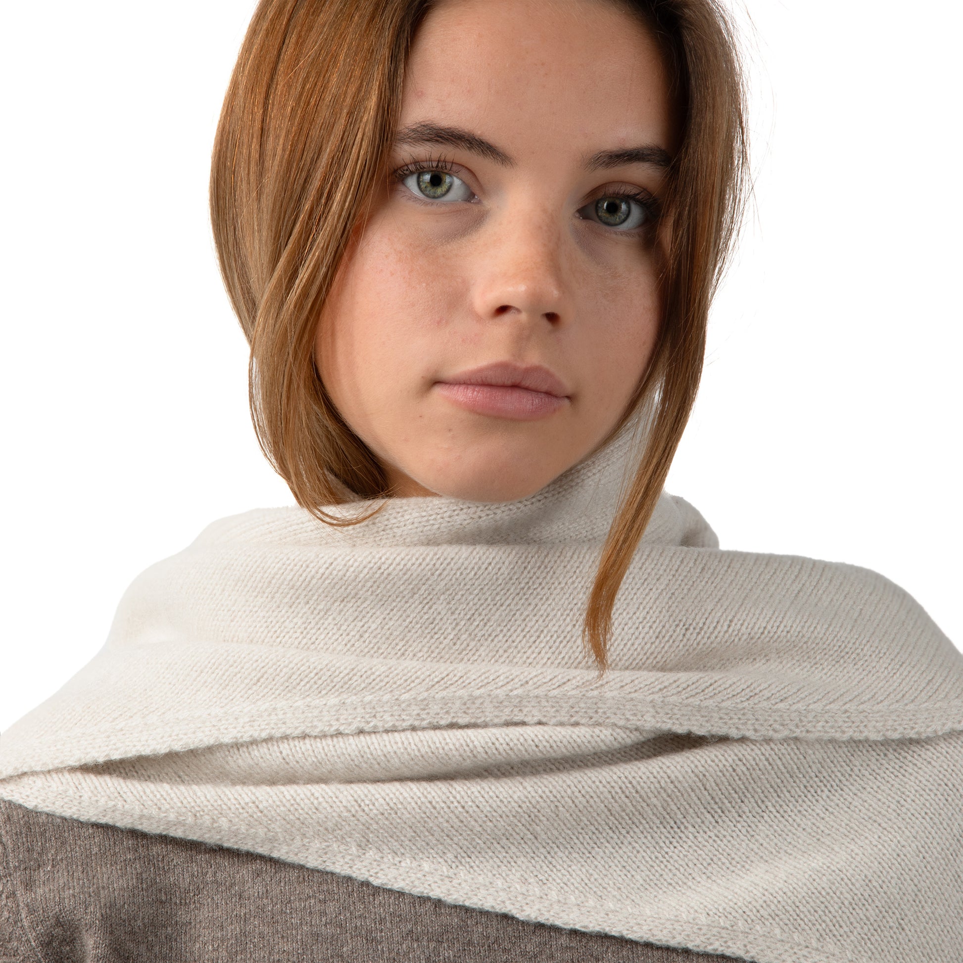 MA81 Cashmere Triangular Scarf by Mawei, off white, front view, female model.