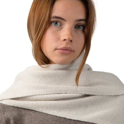 MA81 Cashmere Triangular Scarf by Mawei, off white, front view, female model.