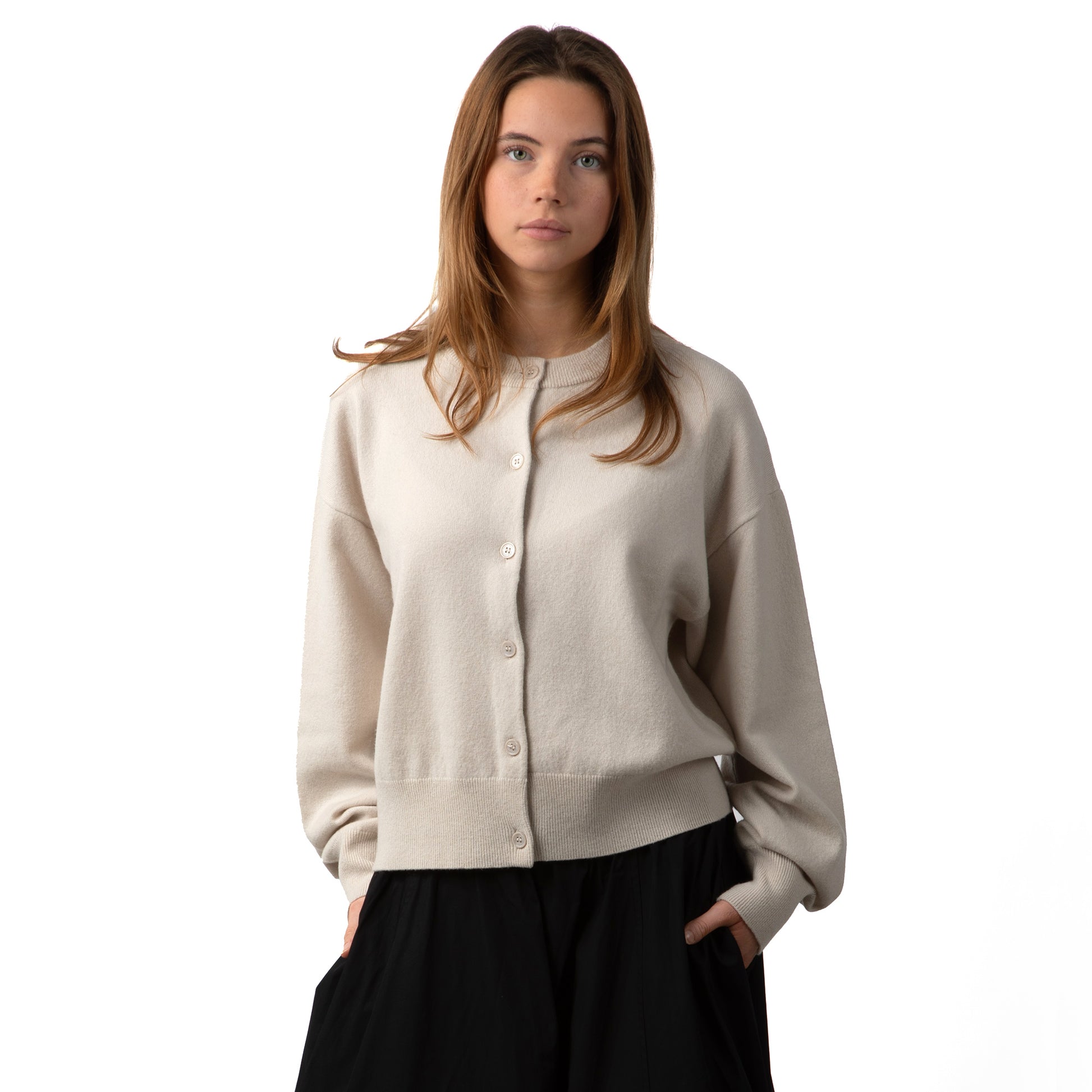 MA06 Cashmere Crewneck Cardigan by Mawei, off white, front view, female model.