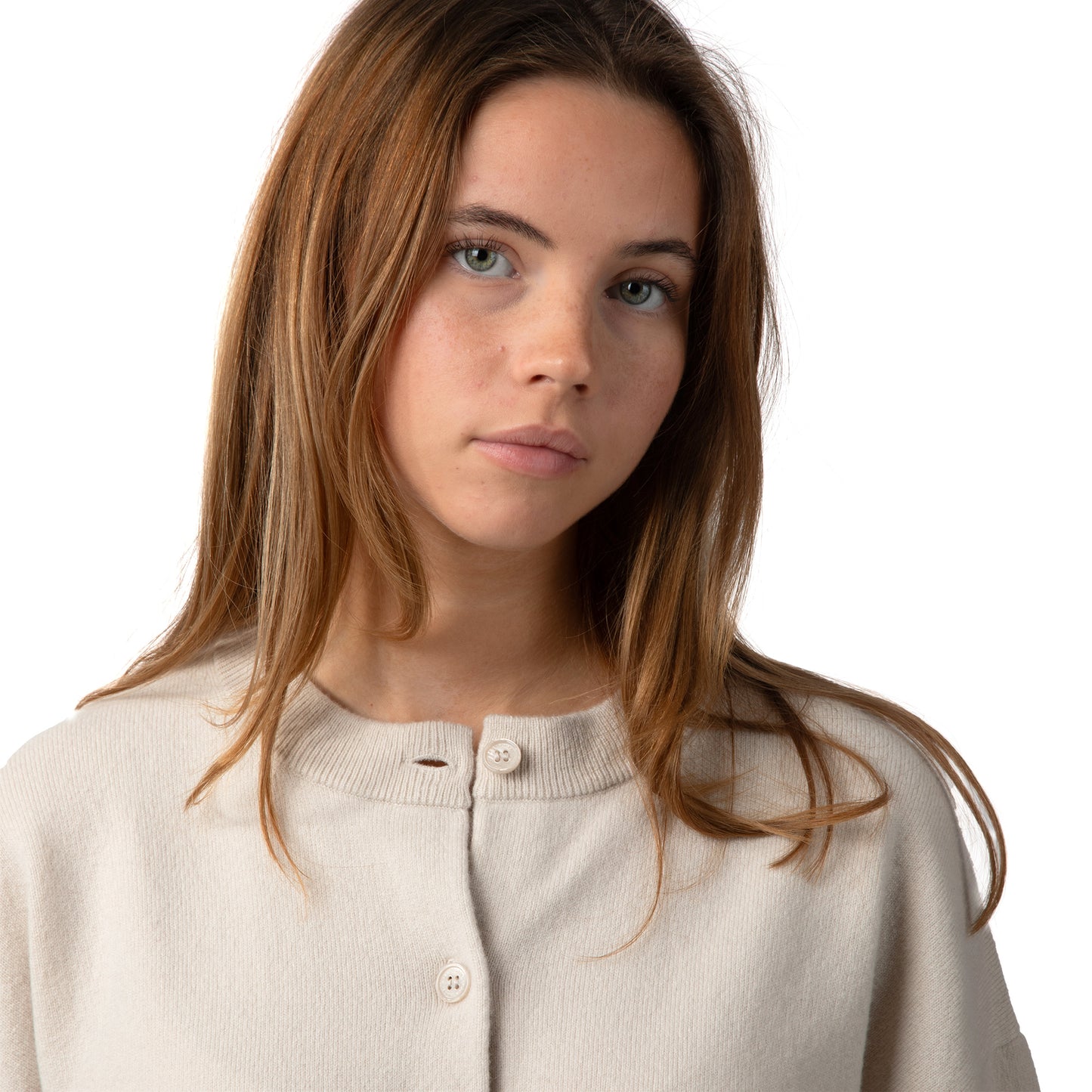 MA06 Cashmere Crewneck Cardigan by Mawei, off white, front view, female model, close up