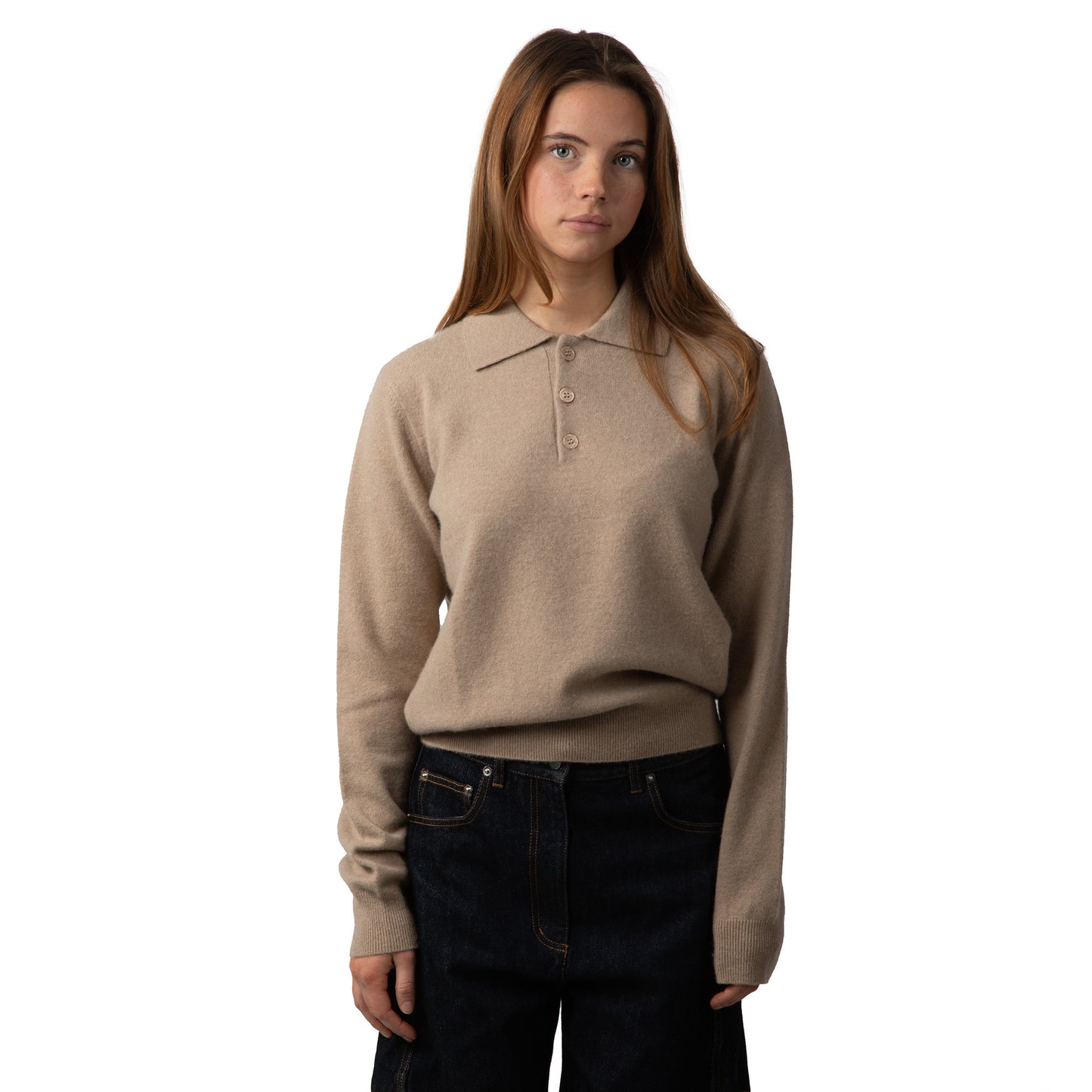 MA05 Cashmere Polo Sweater by Mawei, beige camel, front view, female model.