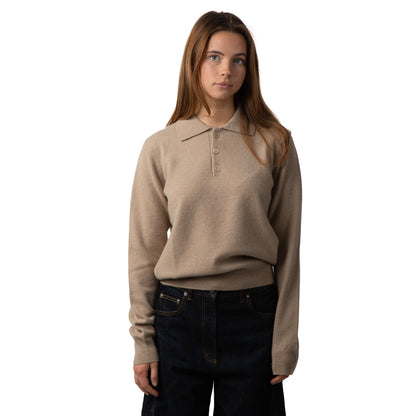 MA05 Cashmere Polo Sweater by Mawei, beige camel, front view, female model.