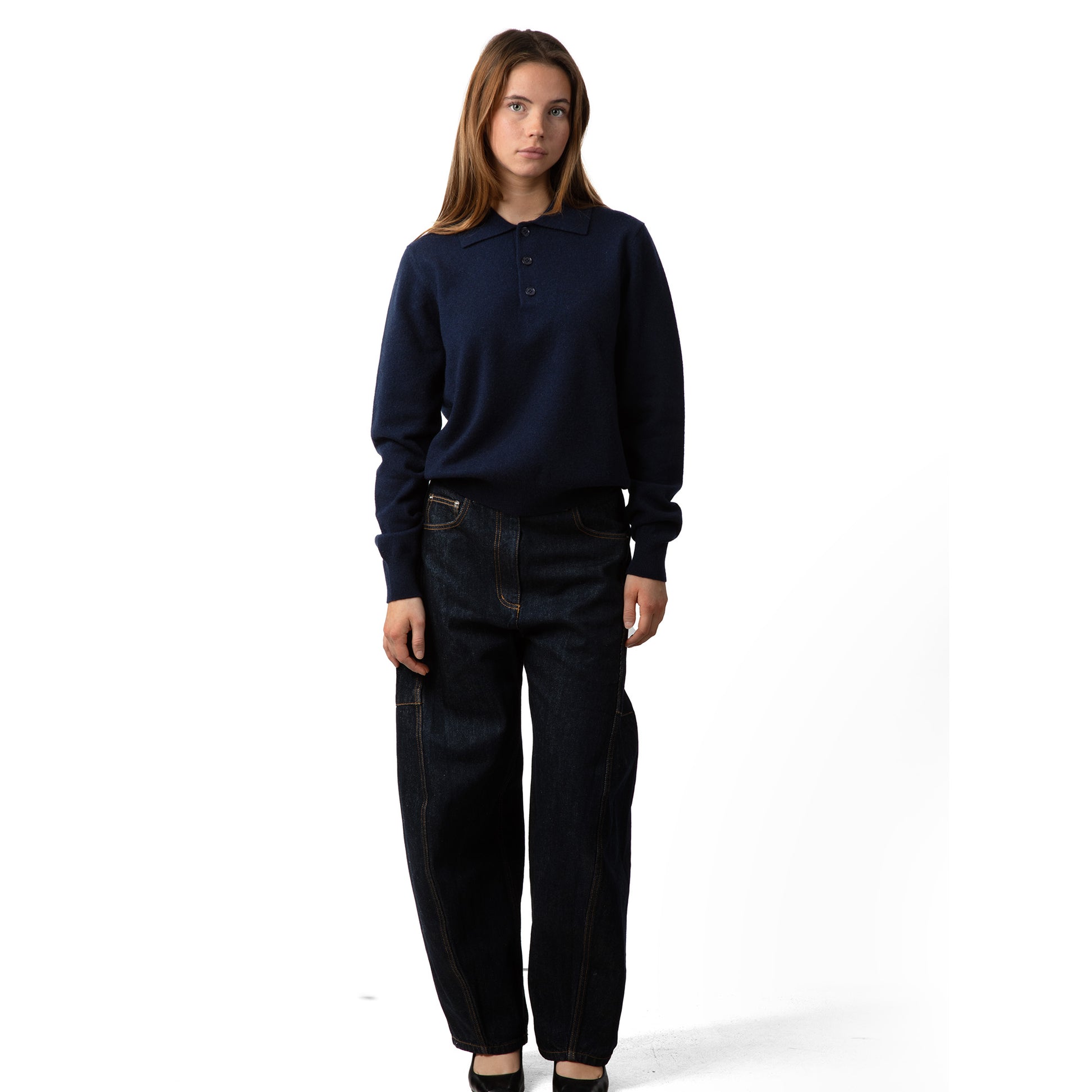 MA05 Cashmere Polo Sweater by Mawei, navy blue, front view, female model.