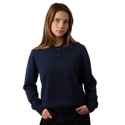 MA05 Cashmere Polo Sweater by Mawei, navy blue, front view, female model.
