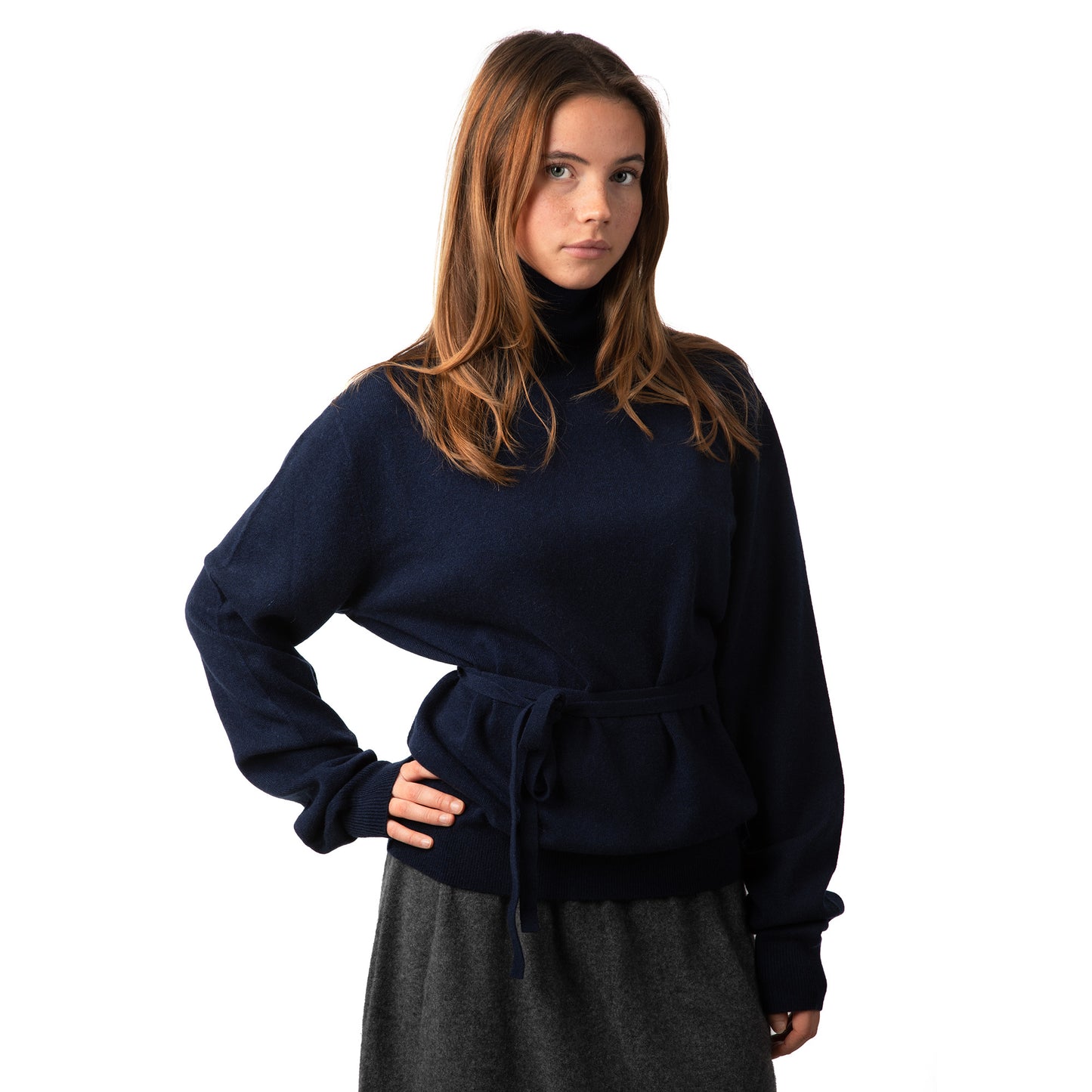 MA21 Cashmere Turtleneck Unisex Sweater Skirt by Mawei, MA81 Cashmere Ribbon, navy blue, front view, female model.