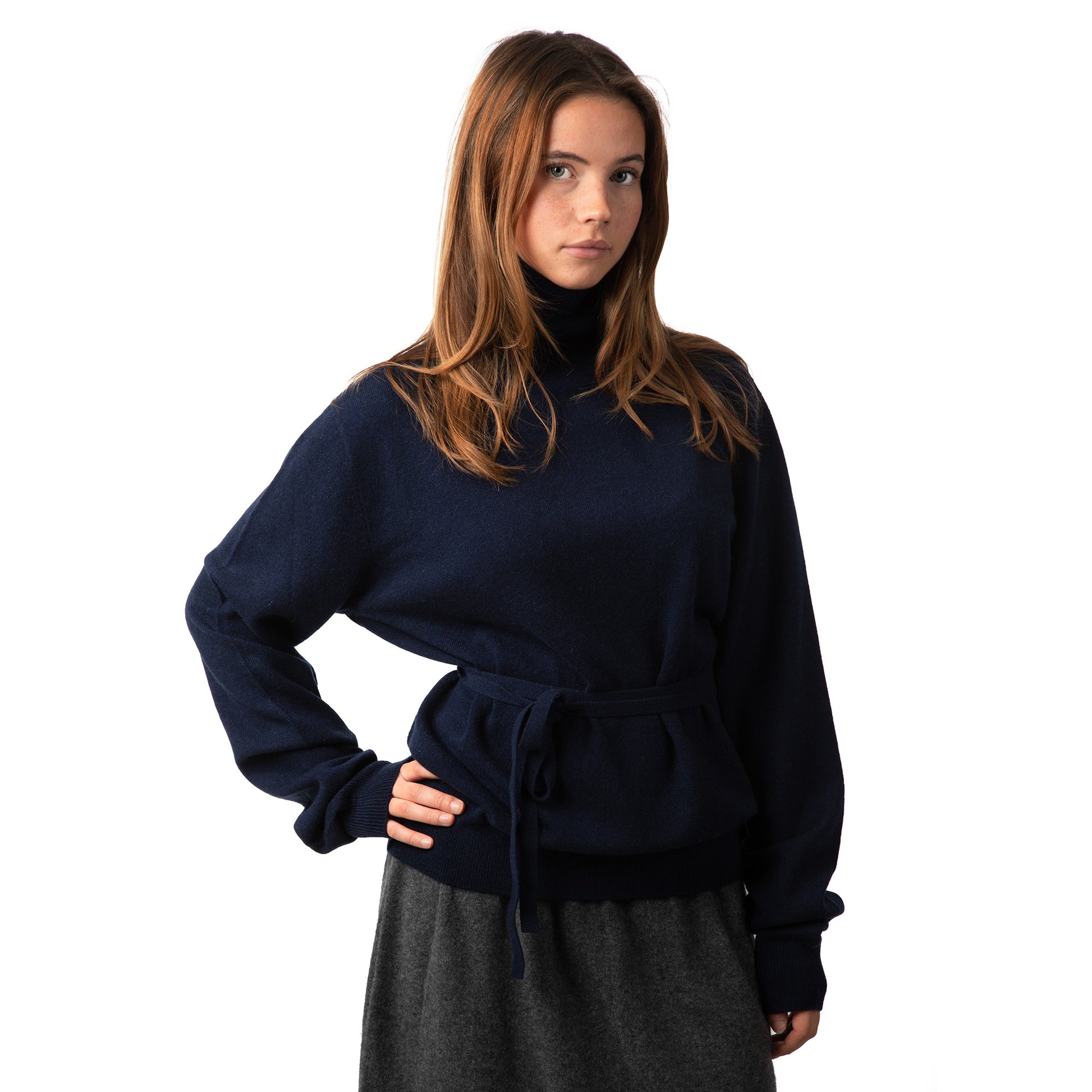 MA21 Cashmere Turtleneck Unisex Sweater Skirt by Mawei, MA81 Cashmere Ribbon, navy blue, front view, female model.