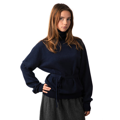 MA21 Cashmere Turtleneck Unisex Sweater Skirt by Mawei, MA81 Cashmere Ribbon, navy blue, front view, female model.