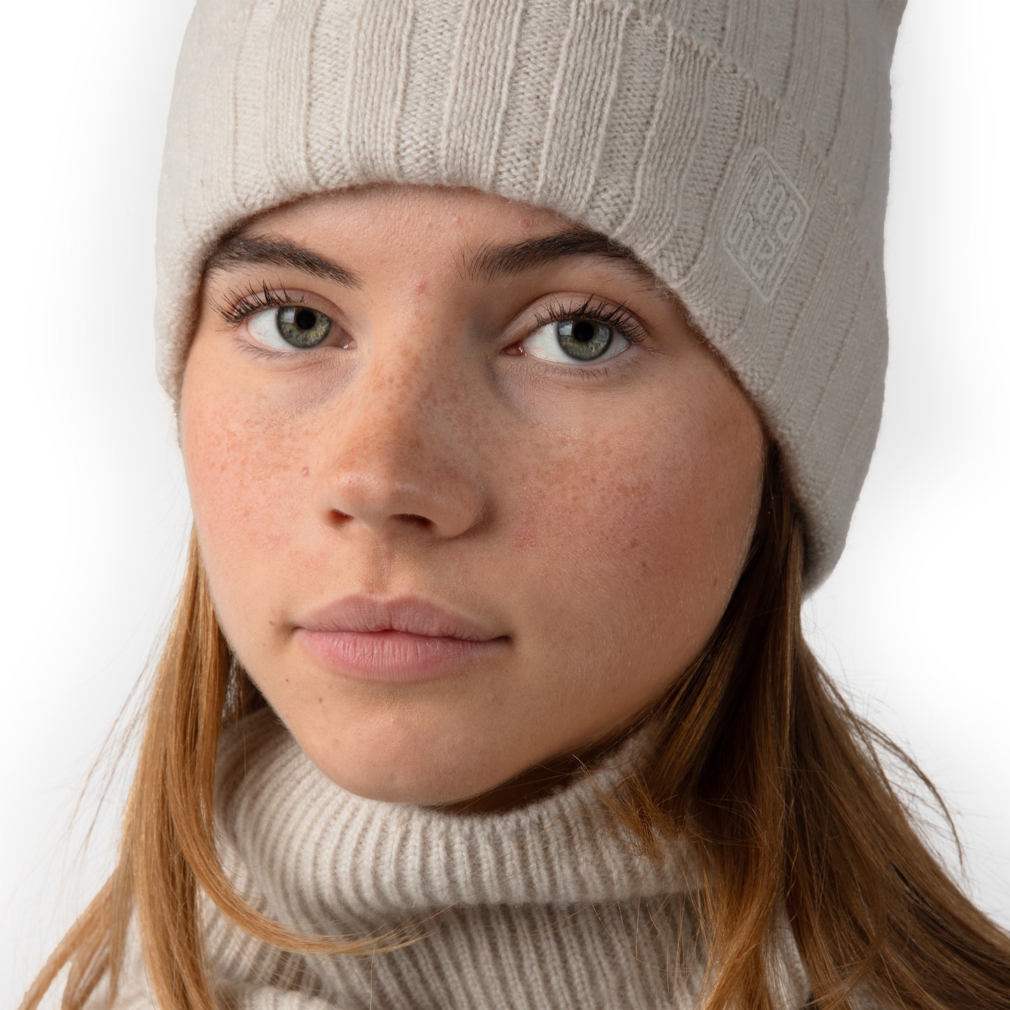 MA71 Cashmere Beanie by Mawei, off white, front view, female model.