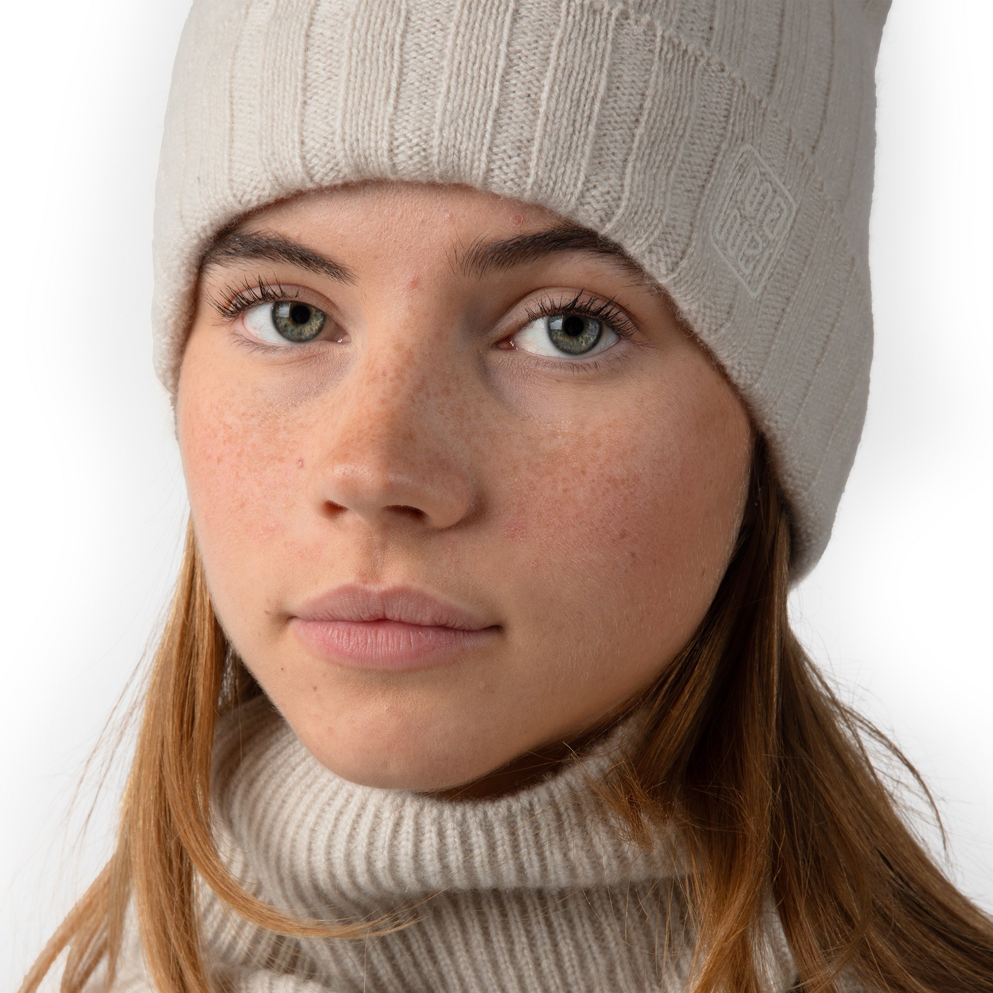 MA71 Cashmere Beanie by Mawei, off white, front view, female model.