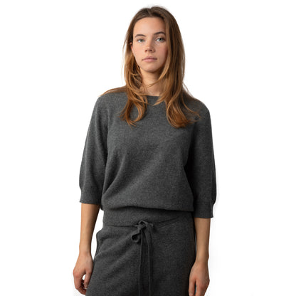 MA03 Cashmere Short Sleeve Crewneck Sweater by Mawei, grey, front view, female model.