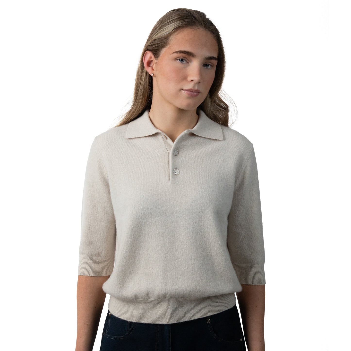 MA09 Cashmere Short Sleeve Polo Sweater by Mawei, off white, female model, front view.