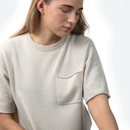 MA04 Short Sleeve Cashmere Tee with Pocket by Mawei, off white, female model, front view.
