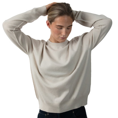 MA22 Cashmere Crewneck Sweater by Mawei, off white, front view, female model.