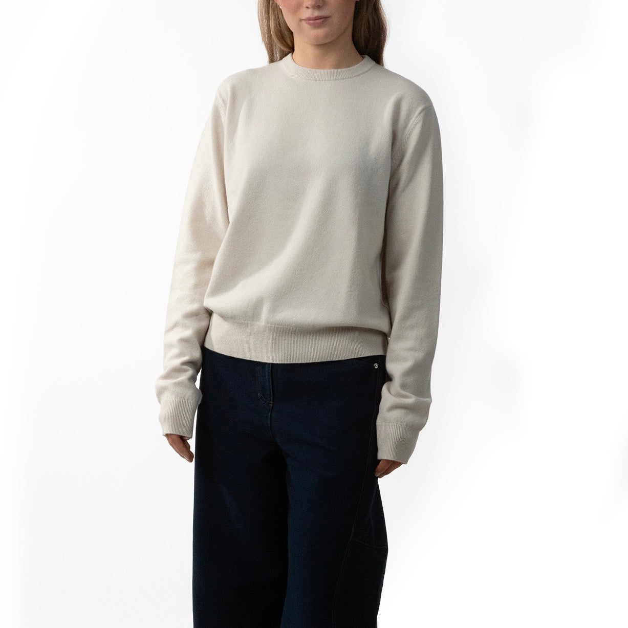 MA22 Cashmere Crewneck Sweater by Mawei, off white, female model, front view