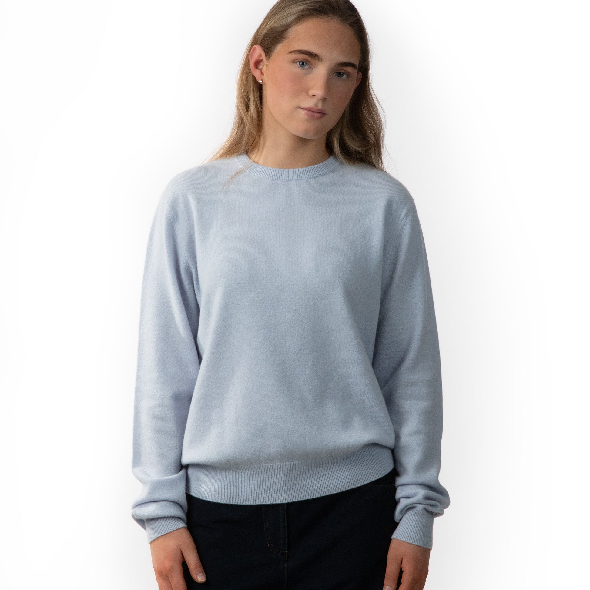 MA22 Cashmere Crewneck Sweater by Mawei, blue, front view, female model.