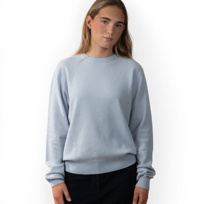 MA22 Cashmere Crewneck Sweater by Mawei, blue, front view, female model.