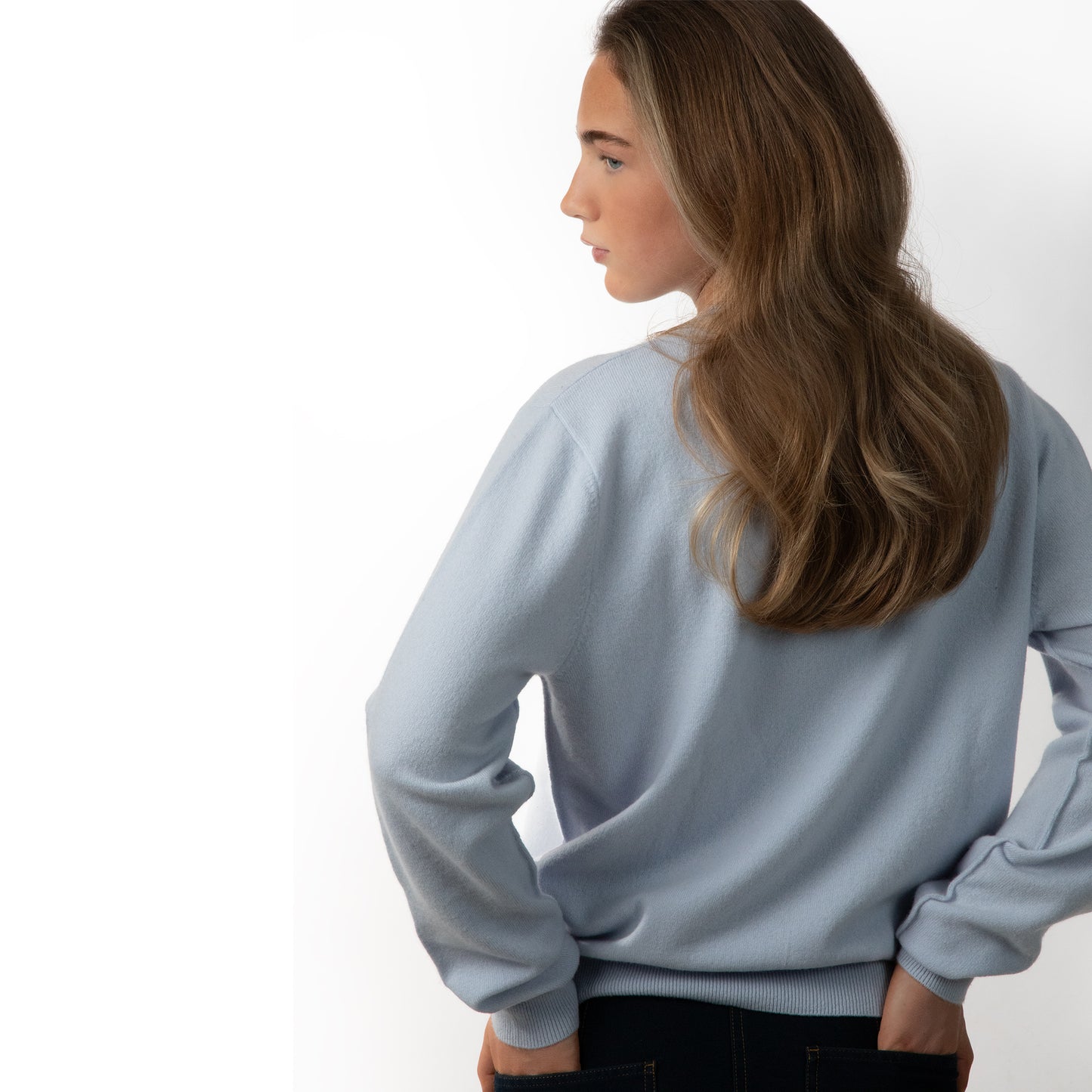 MA22 Cashmere Crewneck Sweater by Mawei, blue, back view, female model.