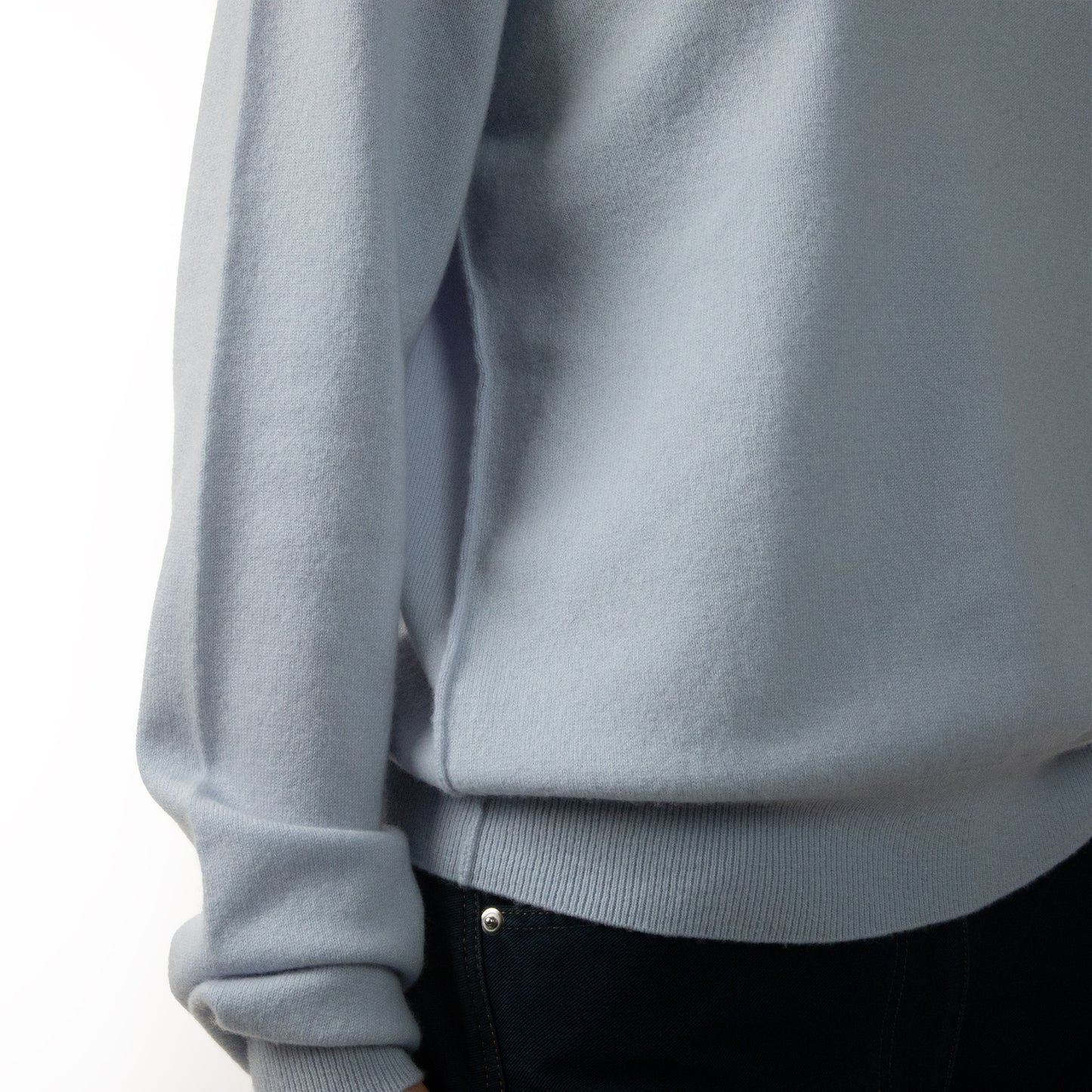 MA22 Cashmere Crewneck Sweater by Mawei, blue, rib, seam texture details close up