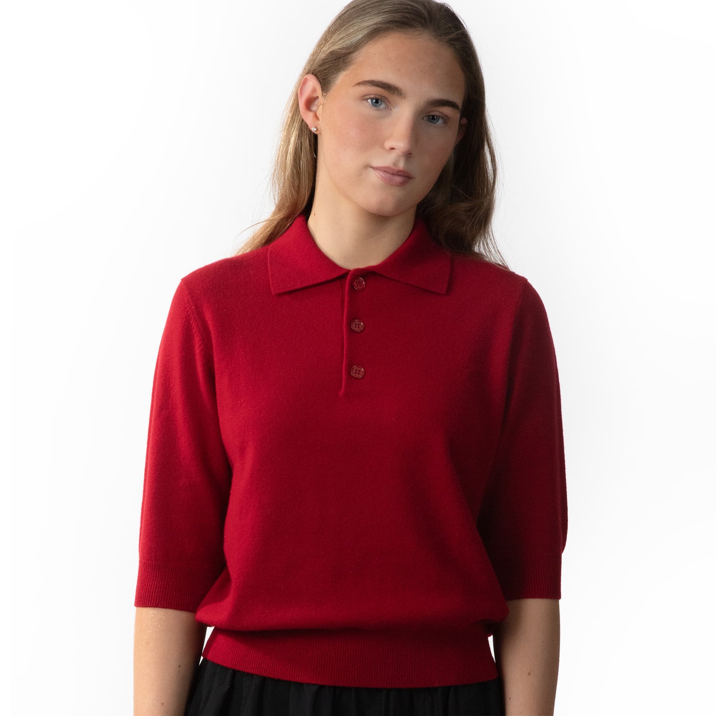 MA09 Cashmere Short Sleeve Polo Sweater by Mawei, red, female model, front view.