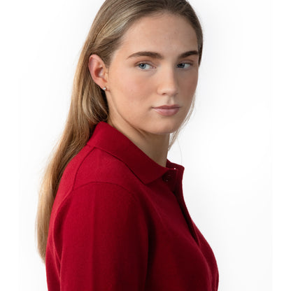 MA09 Cashmere Short Sleeve Polo Sweater by Mawei, red, female model, side view.