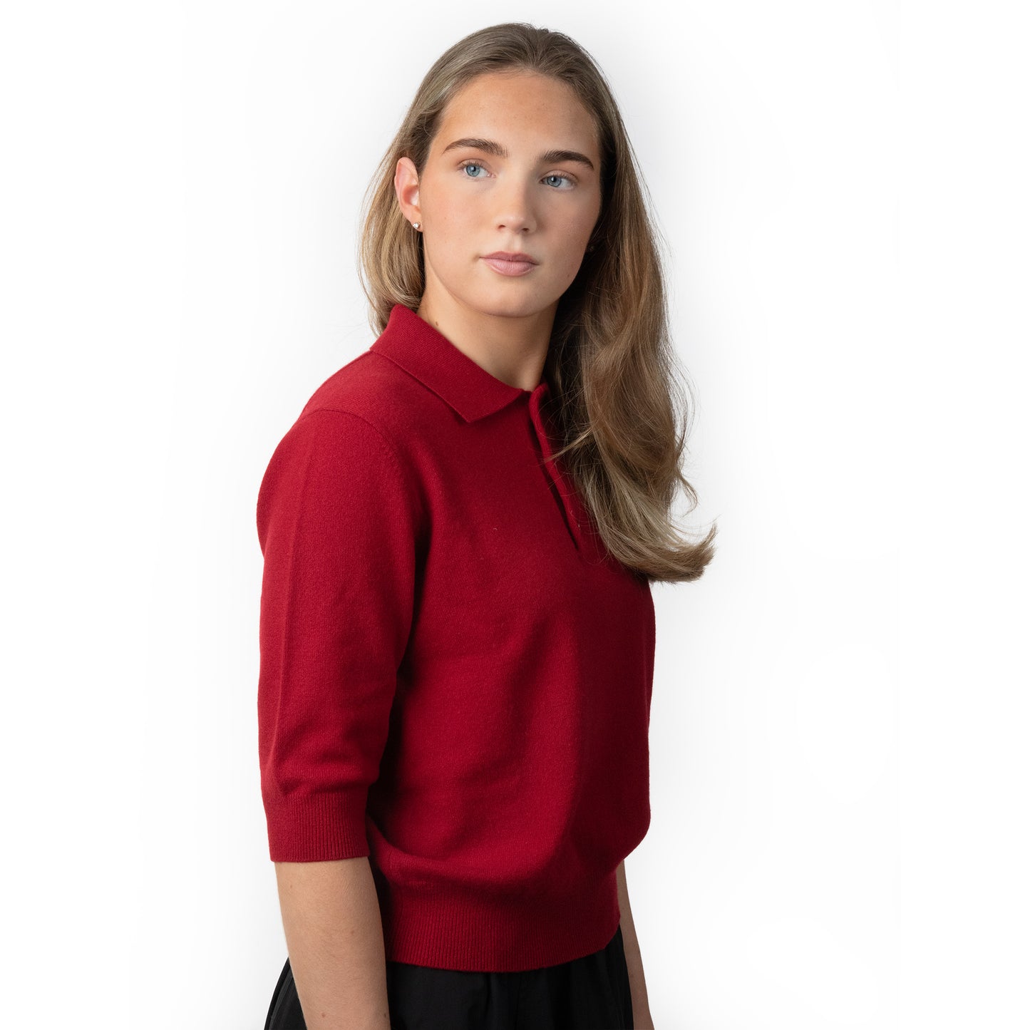 MA09 Cashmere Short Sleeve Polo Sweater by Mawei, red, female model, front view.