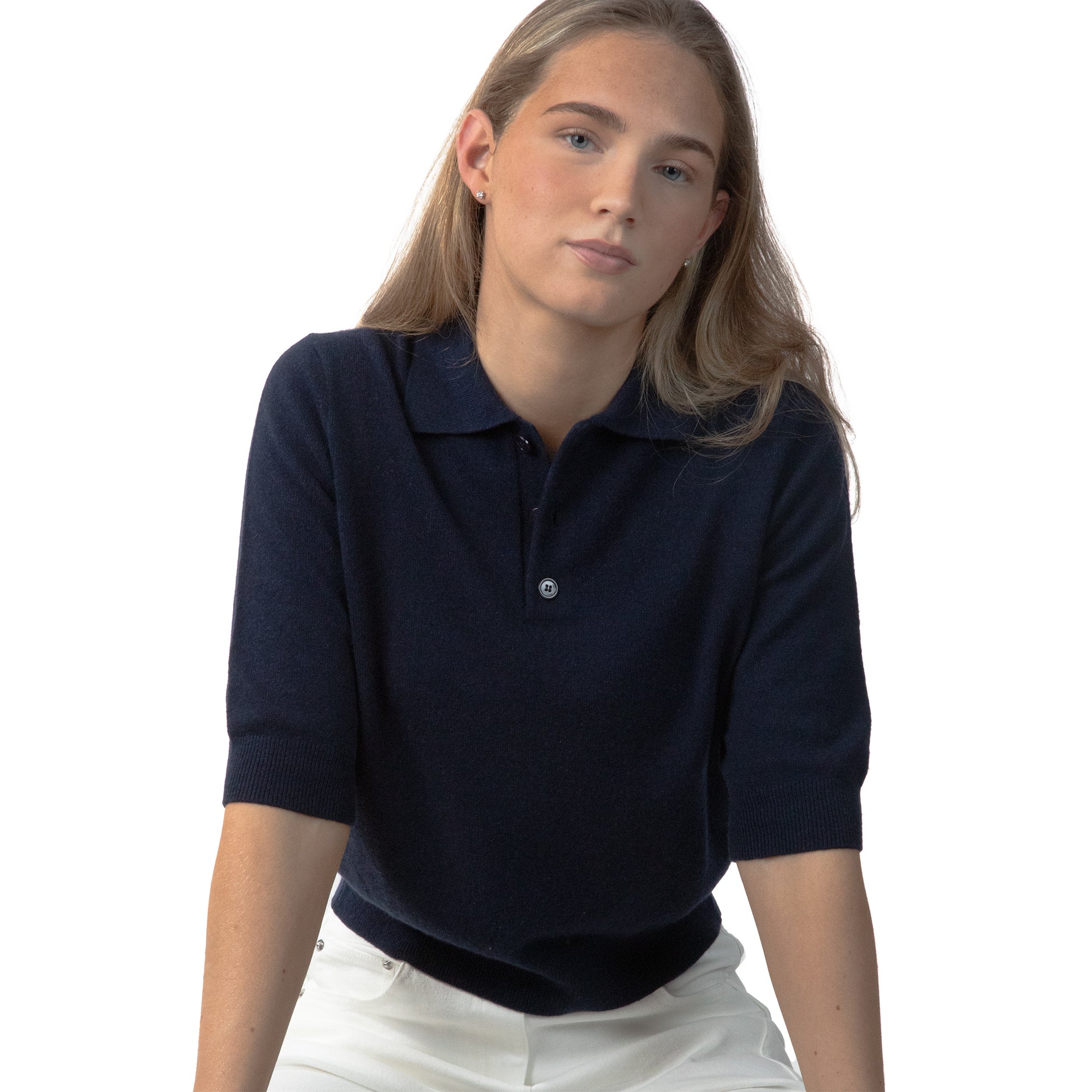 MA09 Cashmere Short Sleeve Polo Sweater by Mawei, navy blue, female model, front view.