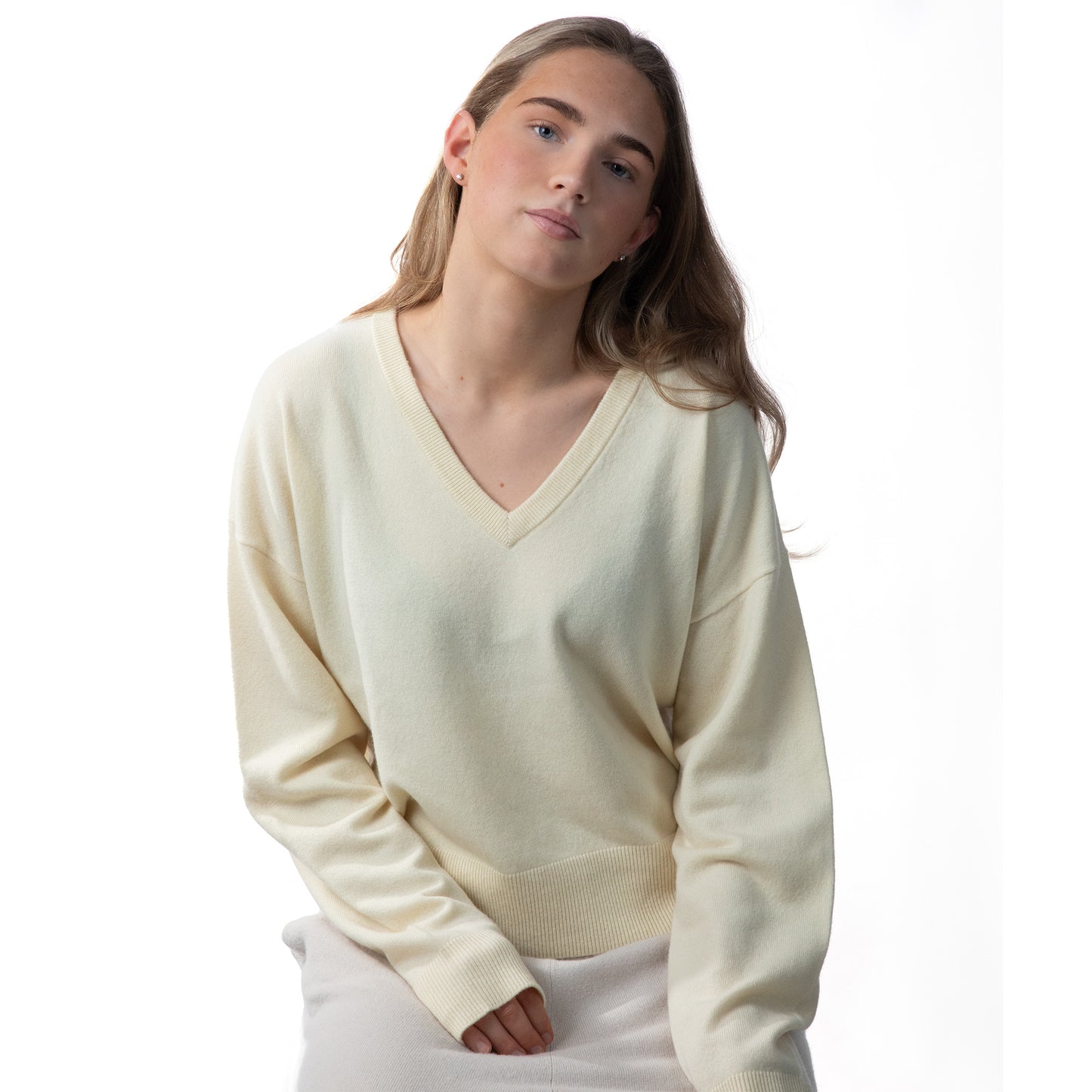 MA08 Oversized Cashmere  V-neck  Sweater by Mawei, yellow, female model, front view.