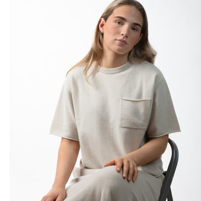 MA04 Short Sleeve Cashmere Tee with Pocket by Mawei, off white, female model, front view.