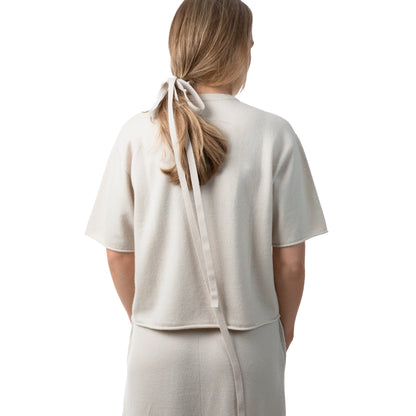 MA04 Short Sleeve Cashmere Tee with Pocket, MA91 Cashmere Ribbon by Mawei, off white, female model, back view.