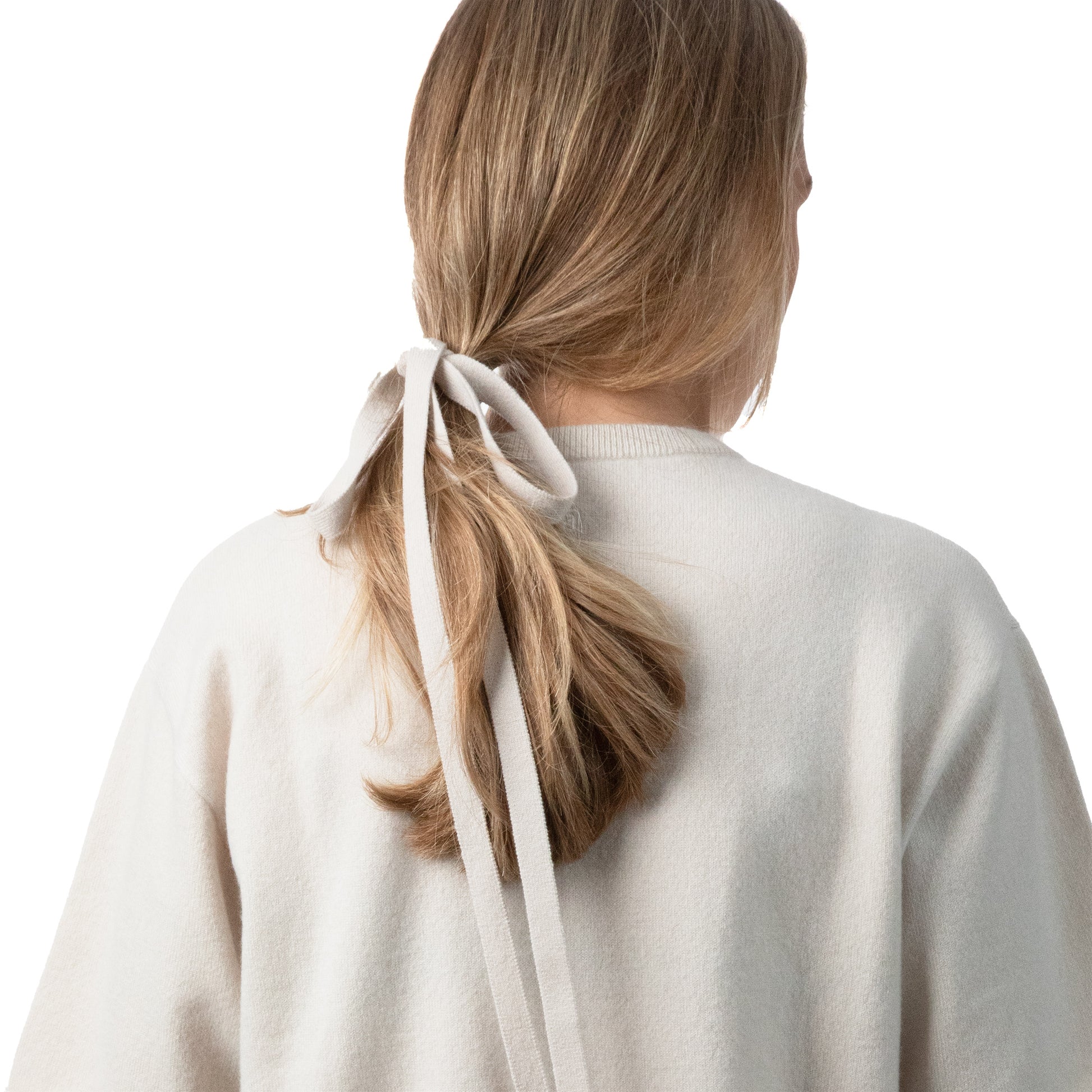 MA04 Short Sleeve Cashmere Tee with Pocket, MA91 Cashmere Ribbon by Mawei, off white, female model, close up,  back view