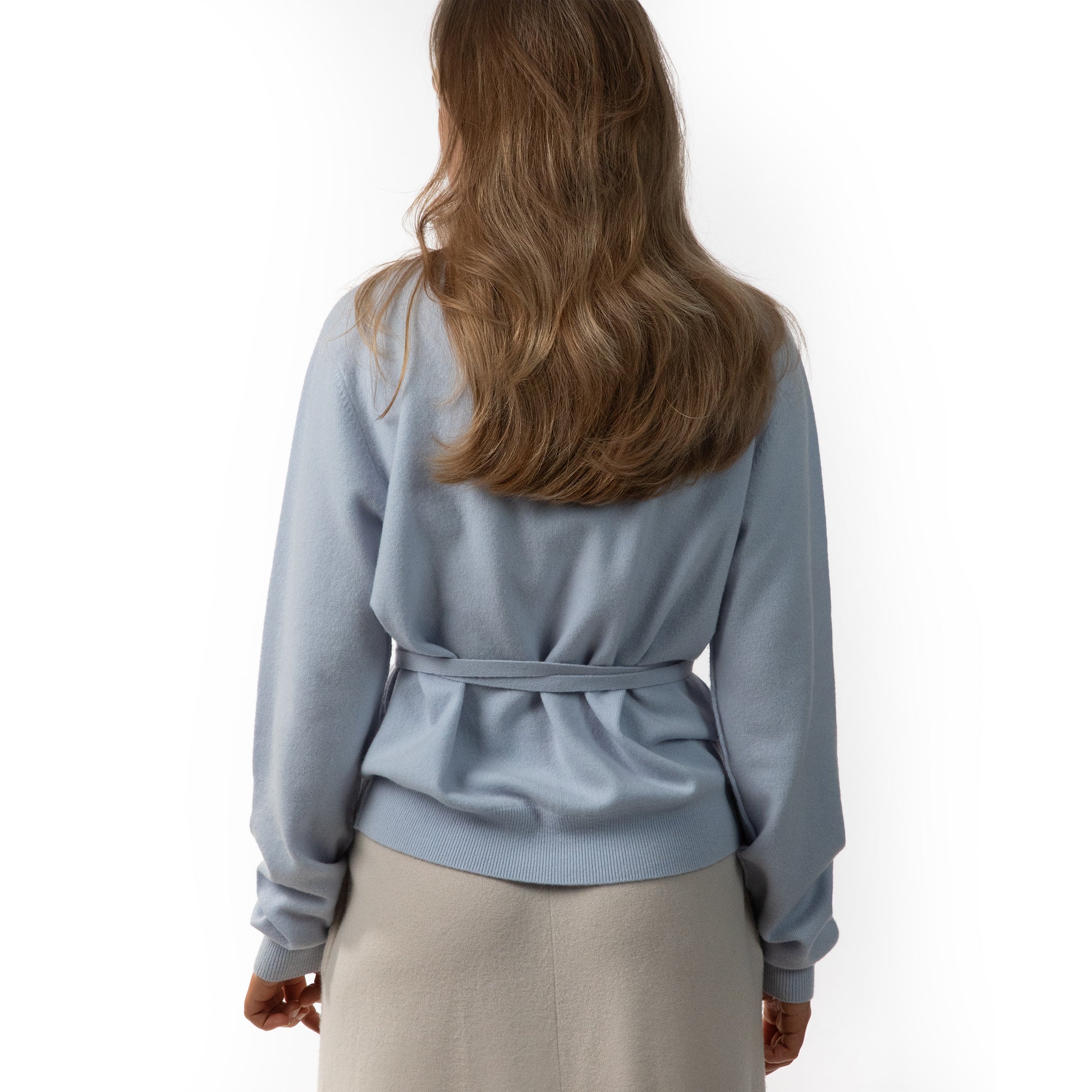 MA22 Cashmere Crewneck Sweater, MA91 Cashmere Ribbon by Mawei, blue, back view, female model.