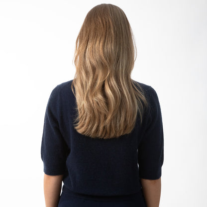 MA03 Short Sleeve Crewneck Sweater by Mawei, navy blue, back view, female model.