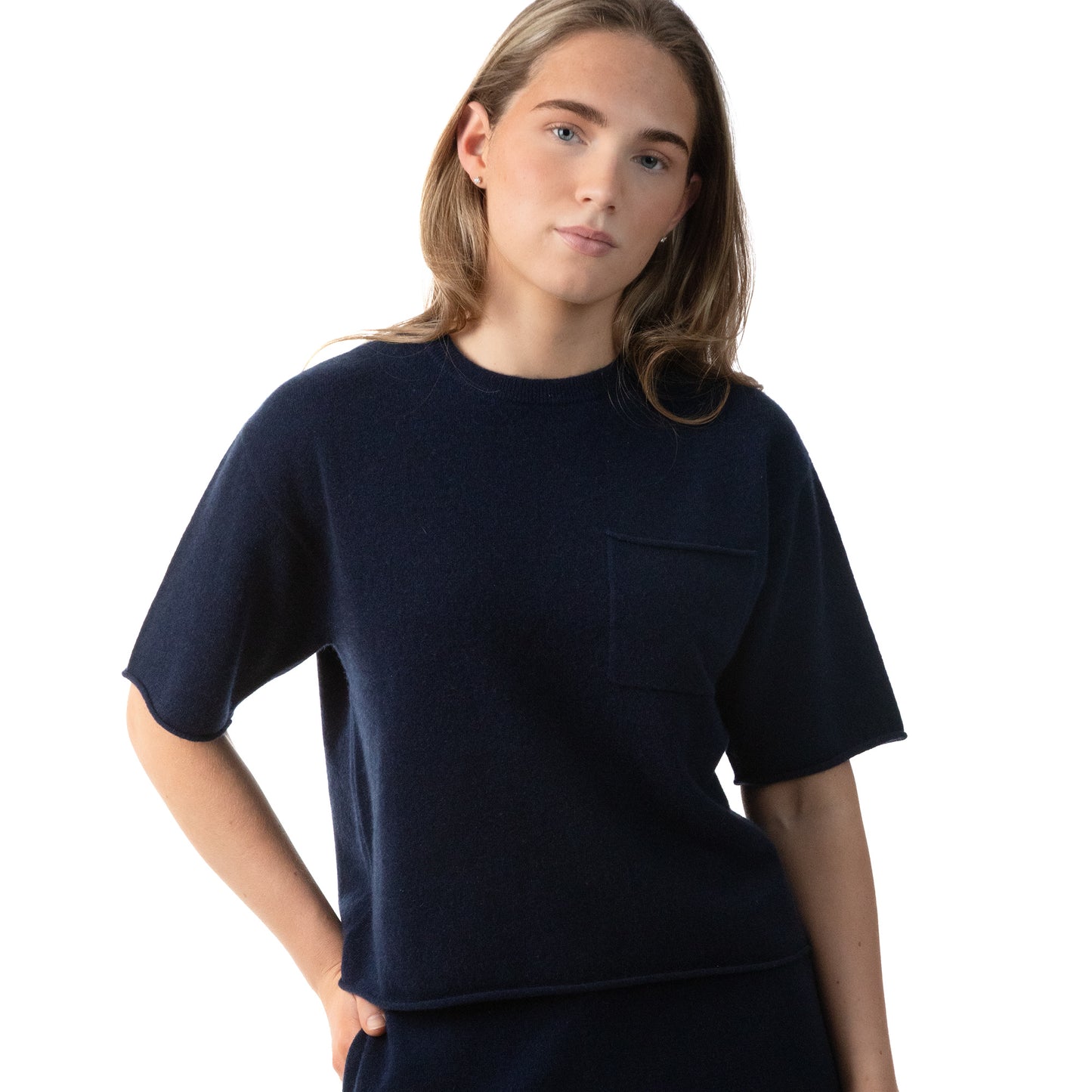 MA04 Short Sleeve Cashmere Tee with Pocket by Mawei, navy blue, female model, front view