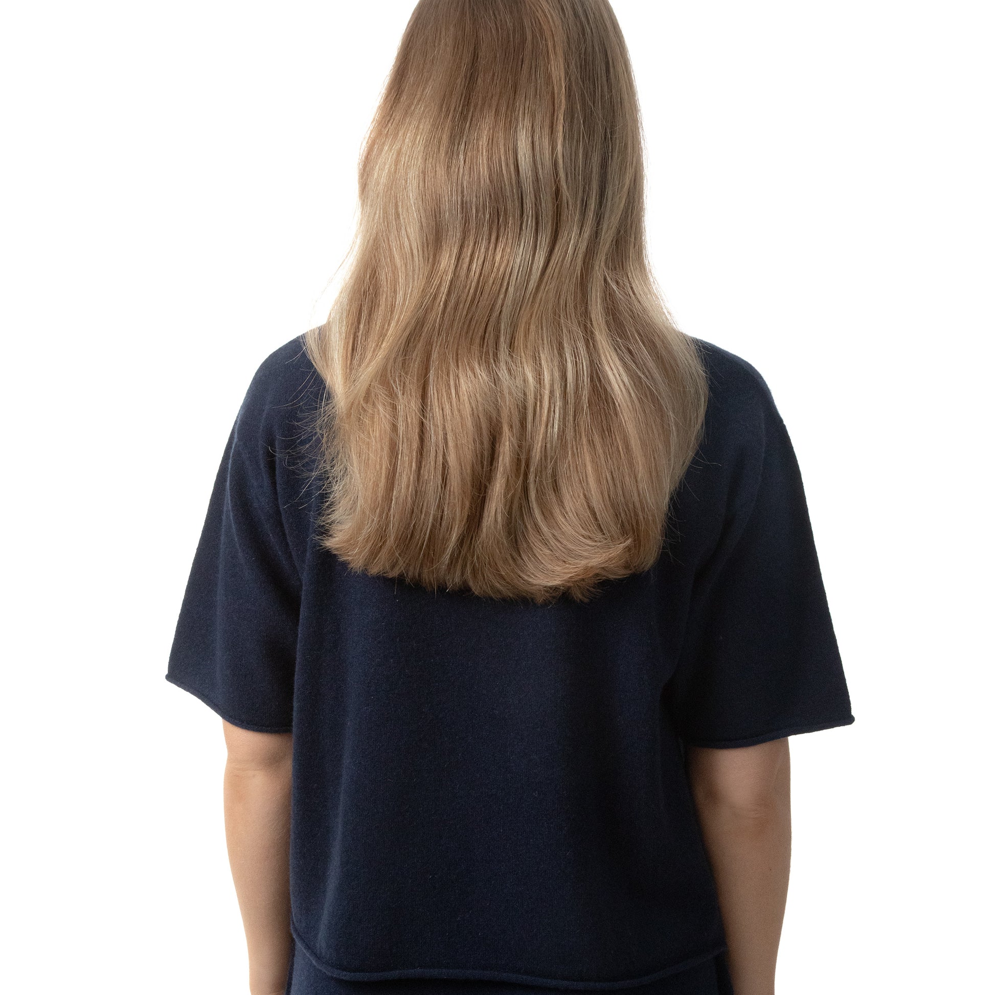 MA04 Short Sleeve Cashmere Tee with Pocket by Mawei, navy blue, female model, back view