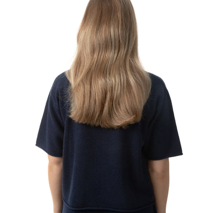 MA04 Short Sleeve Cashmere Tee with Pocket by Mawei, navy blue, female model, back view