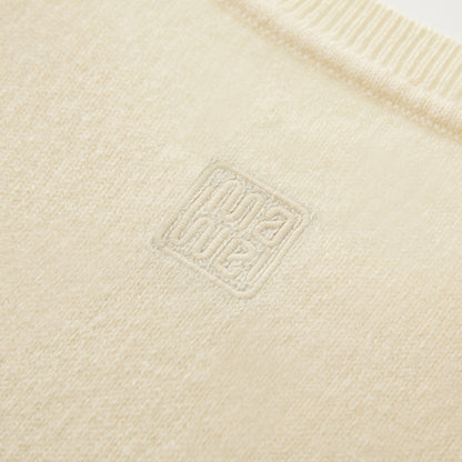 MA01 Cashmere Sleeveless Crewneck Sweater by Mawei, yellow cream, fabric and logo embroidery close up, back view
