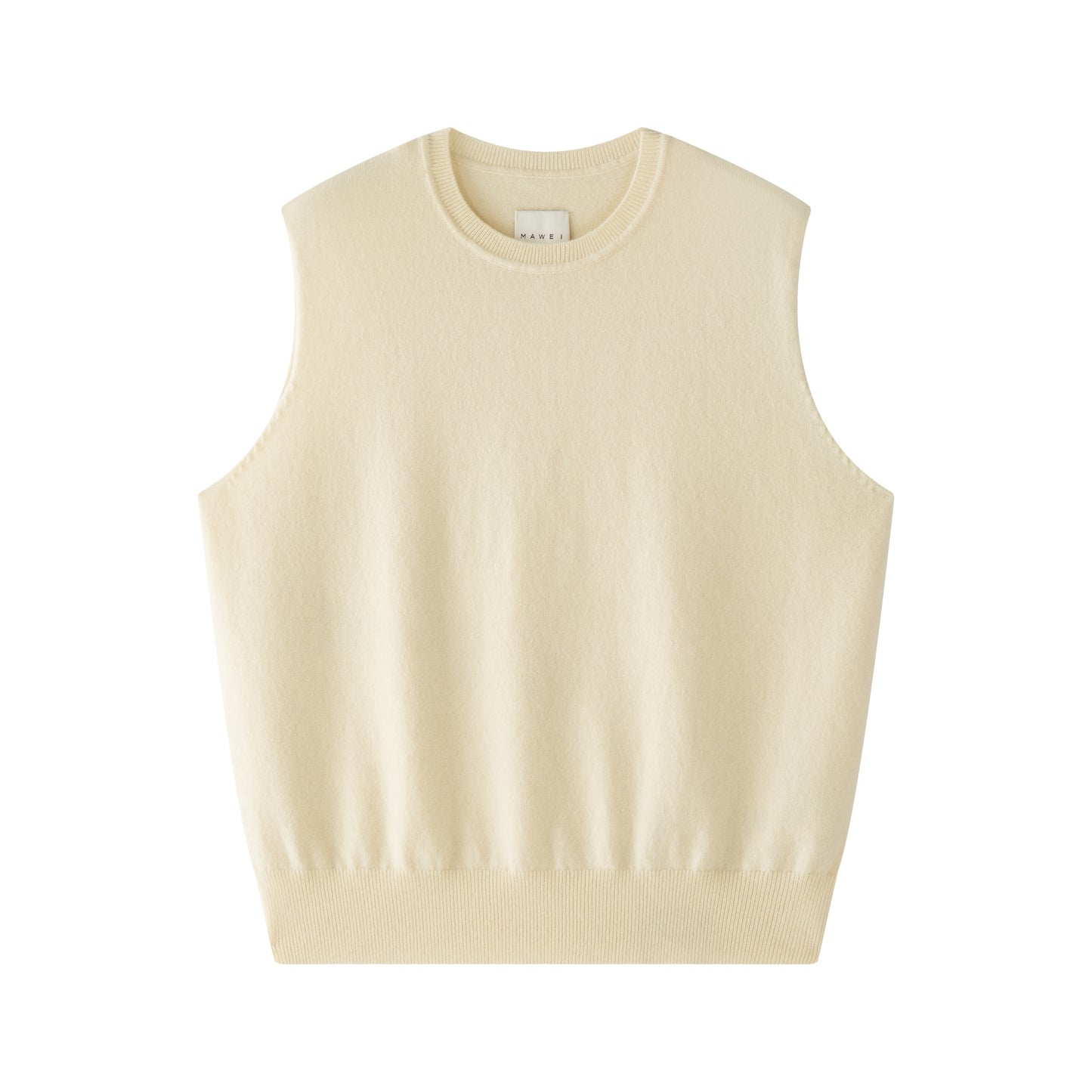 MA01 Cashmere Sleeveless Crewneck Sweater by Mawei, yellow cream, flat lay, front view