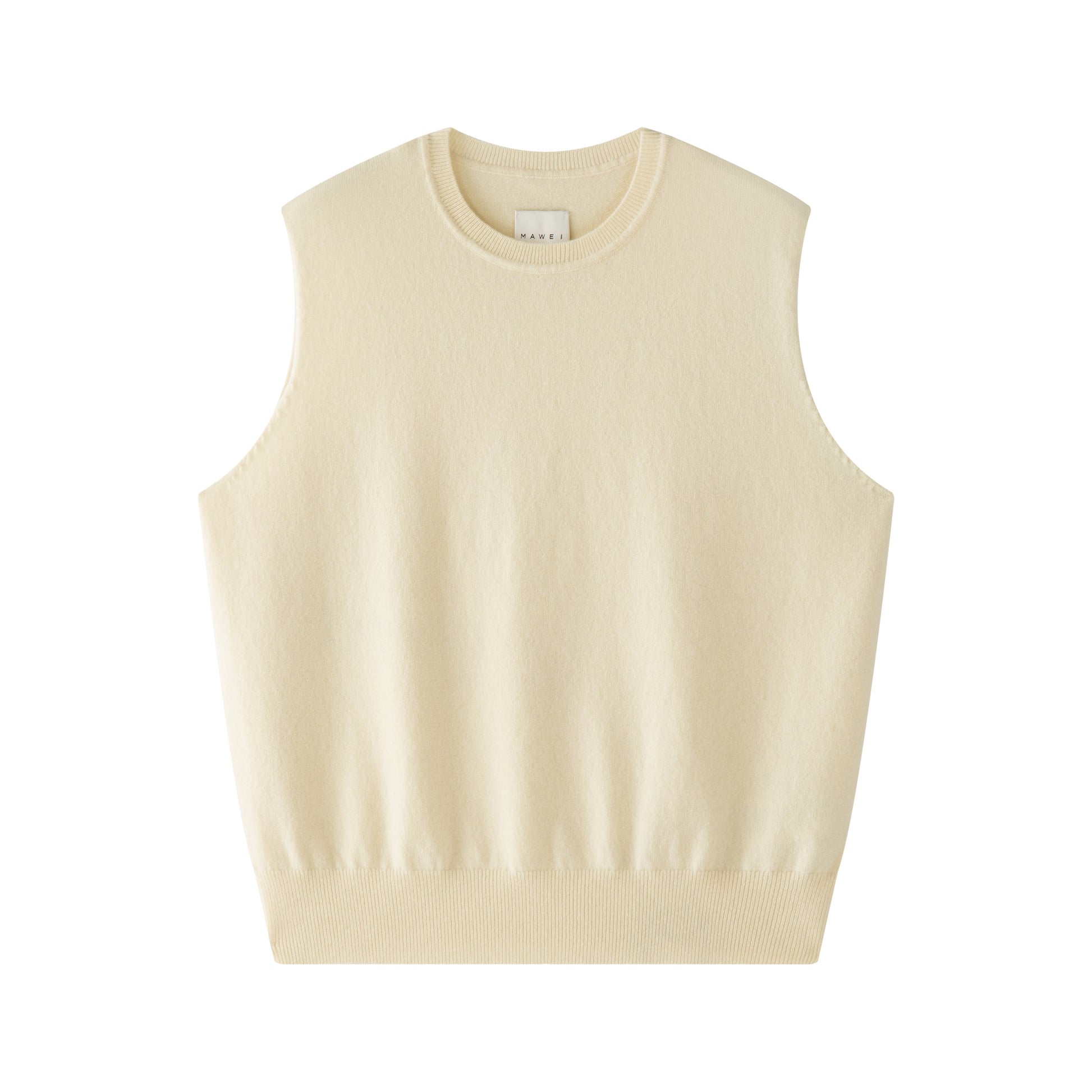 MA01 Cashmere Sleeveless Crewneck Sweater by Mawei, yellow cream, flat lay, front view