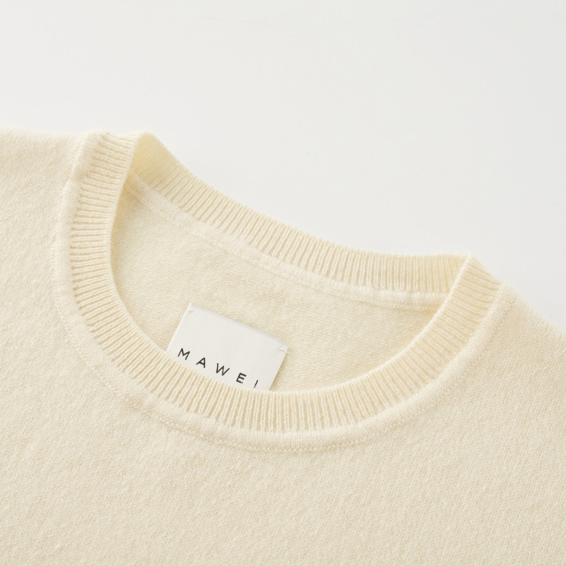 MA01 Cashmere Sleeveless Crewneck Sweater by Mawei, yellow cream, neck rib close up