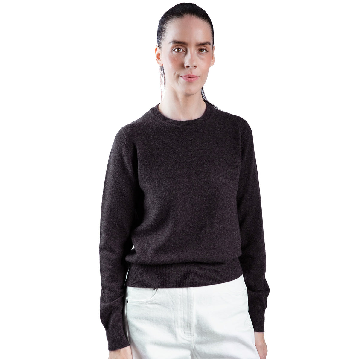 MA02 Slim Crewneck Cashmere Sweater by Mawei in Cocoa dark brown, front view, female model.
