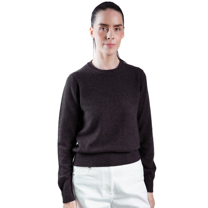 MA02 Slim Crewneck Cashmere Sweater by Mawei in Cocoa dark brown, front view, female model.